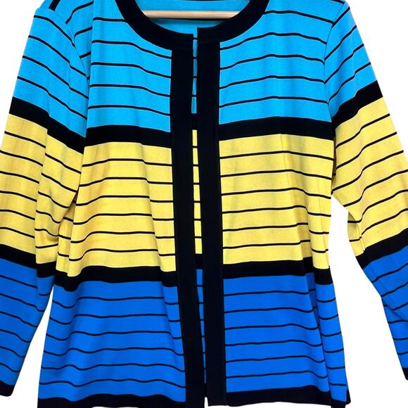 Misook Women’s Blue Yellow Black Striped Acrylic Open Cardigan Sweater Small - Picture 3 of 4